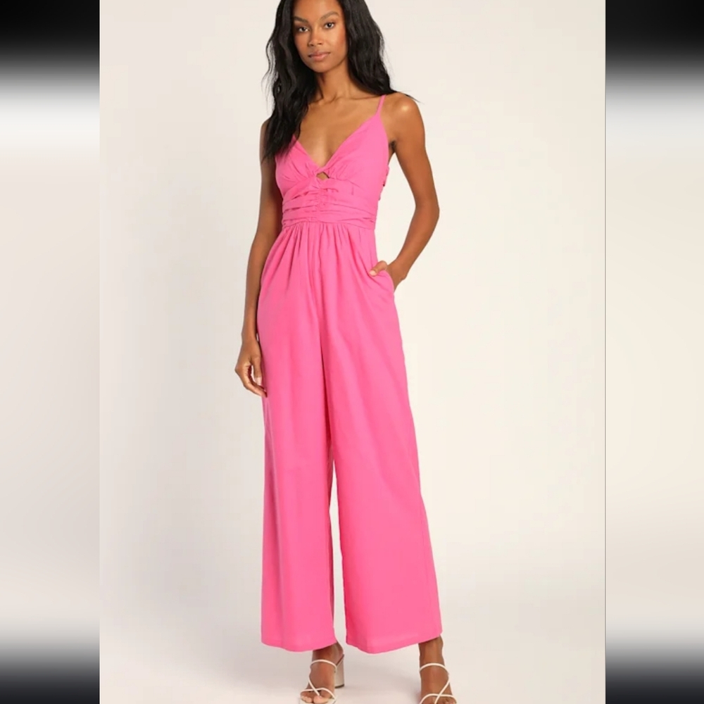 Lulu"s send a message pink gathered wide-leg jumpsuit